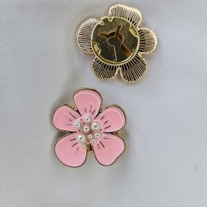 Gold-Tone Pink Enamel Flower Button Covers with Pearl Accents
